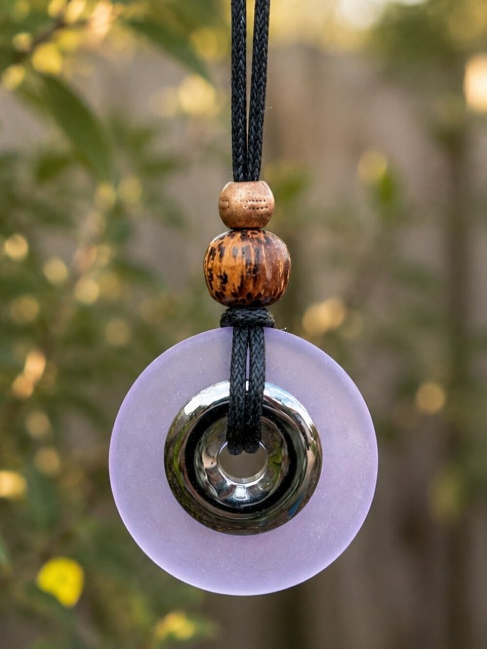 Hematite and Lavender Blue Sea Glass Pendant Necklace | Handmade